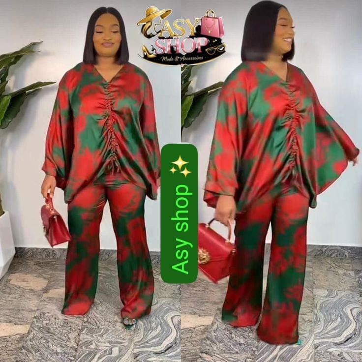 Ensemble Soie Fluide Imprimé Rouge & Vert - Boutique