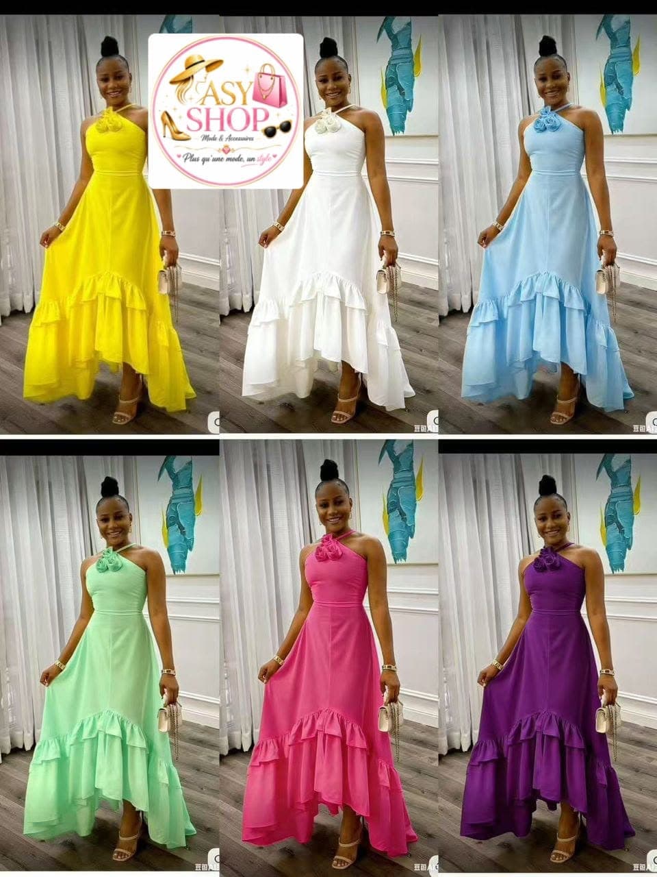 Robe Longue Chic à Volants et Fleurs Col Licou - Boutique