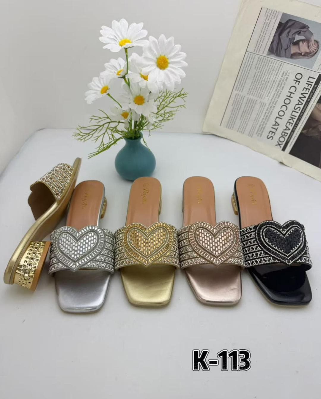 Mules K-113 Cœur Strass Métallique