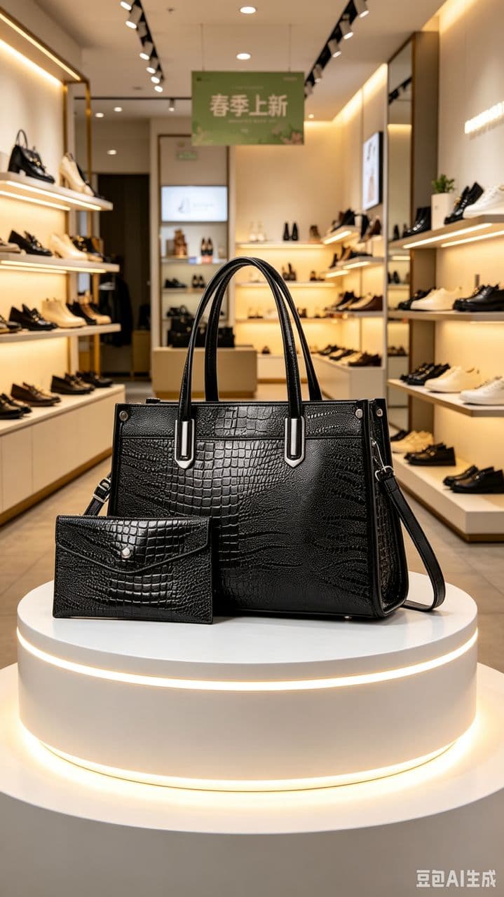Set Sac Cabas Croco Noir & Pochette - 1